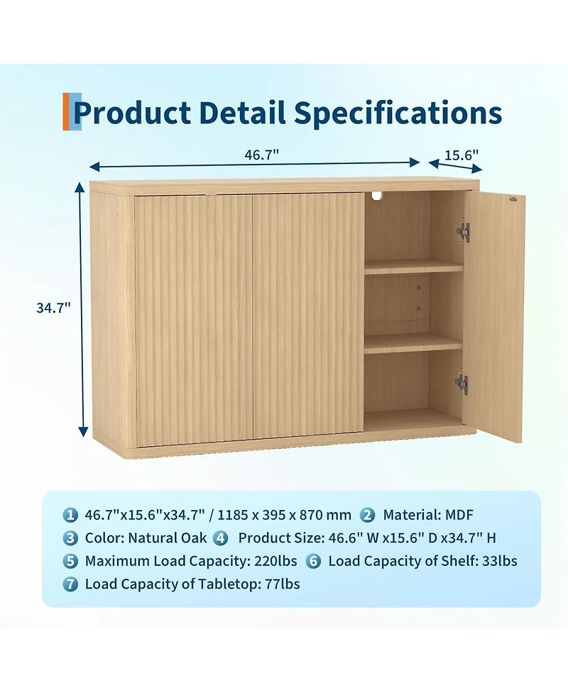 gaomon 46.7" Buffet Sideboard Cabinet with Storage, Modern Fluted ent Credenza with Adjustable Shelves and 3 Doors, Wood Coffee Bar Console Table