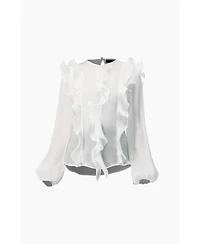Ivonne Women's Long Sleeve Sheer Blouse with Ruffle Detail