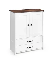 Cozito Dog Feeding Station Cabinet with Pull-Out Bowls, Double Doors, and Side Hooks, White