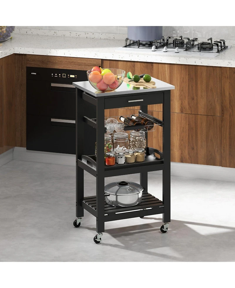 Volenca Kitchen Island Cart with Stainless Steel Top and Storage Basket, Rolling Trolley