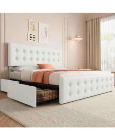 Gaomon King Size Bed Frame With 4 Storage Drawers Headboard Linen Upholstered Platform Bed Frame With Wooden Slats Support.
