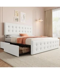 Gaomon King Size Bed Frame With 4 Storage Drawers Headboard Linen Upholstered Platform Bed Frame With Wooden Slats Support.