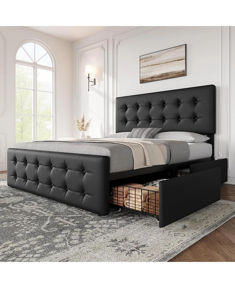 gaomon Queen Bed Frame with 4 Storage Drawers and Linen Upholstered Headboard,Button Tufted Design, No Box Spring Needed, Dark
