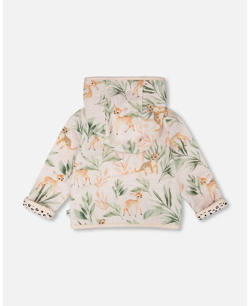 Deux par Baby Girls Muslin and Cotton Jersey Reversible Hooded Jacket Peach Deer/Leopard Print
