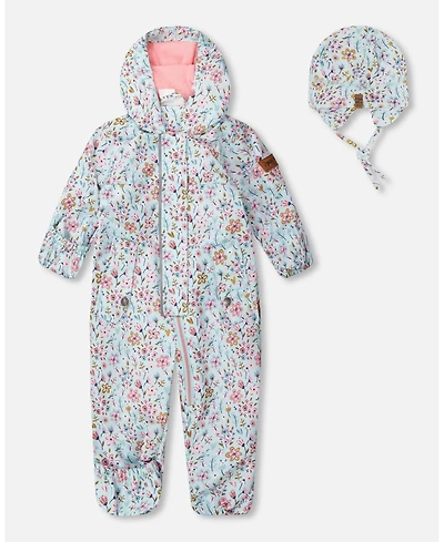 Deux par Baby Girl Mid-Season One-Piece Outerwear with Hat Blue Mini Flower Print