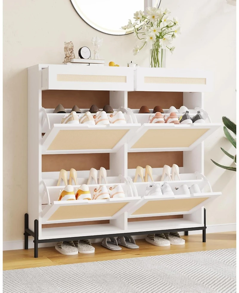 Gaomon Rattan Shoe Cabinet with 4 Flip Drawers & 2 Top Drawers, Slim Wooden Freestanding Organizer Adjustable Shelves