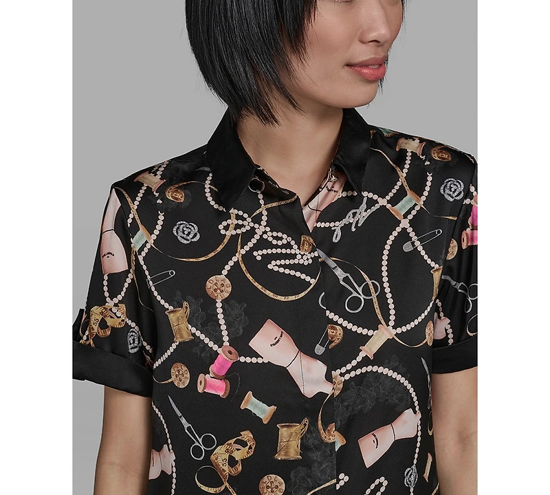Karl Lagerfeld Paris Women's Printed Camp Collared Shirt