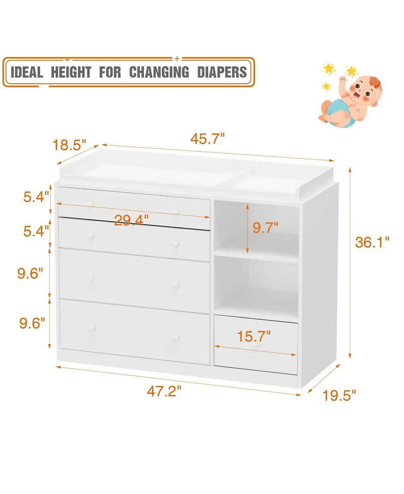 Changing Table Dresser, Baby Nursery Dresser with 5 Drawers and 2 Shelves, Baby Changing Table, Diaper Changing Station