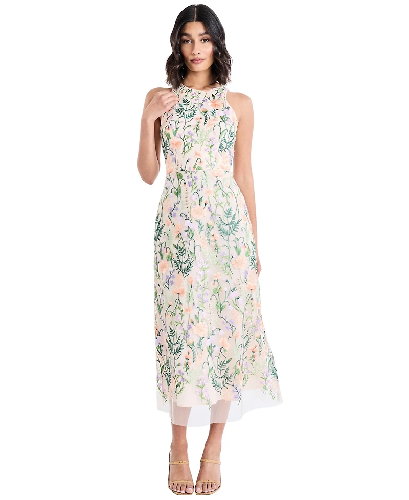 Maggy London Women's Embroidered Floral Halter Neck Midi Dress