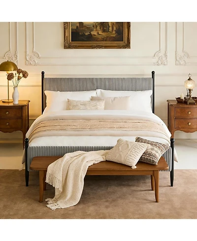 gaomon Bed Frame with Vertical Stripes headboard, Corduroy upholstered Vintage Metal Legs, no Box Spring Needed