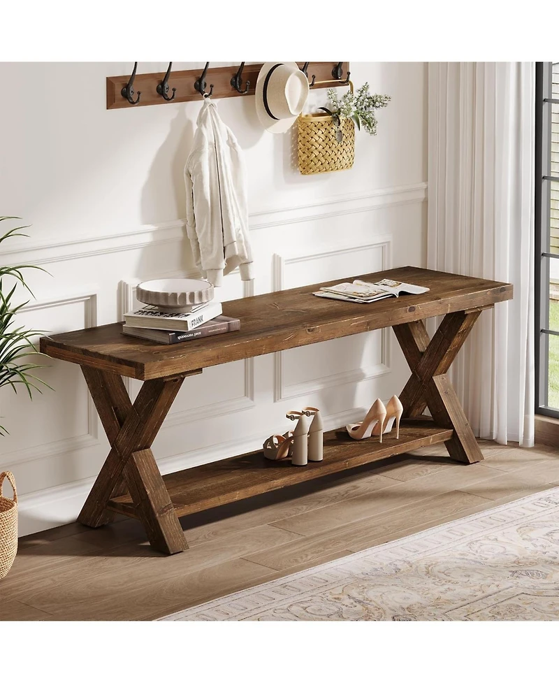Tribesigns 43.3" Solid Wood Bench, Farmhouse Wooden Entryway Bench with Storage Shelf, X-Shaped Leg Design, Entry Way Shoe Benches Seat
