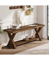 Tribesigns 43.3" Solid Wood Bench, Farmhouse Wooden Entryway Bench with Storage Shelf, X-Shaped Leg Design, Entry Way Shoe Benches Seat