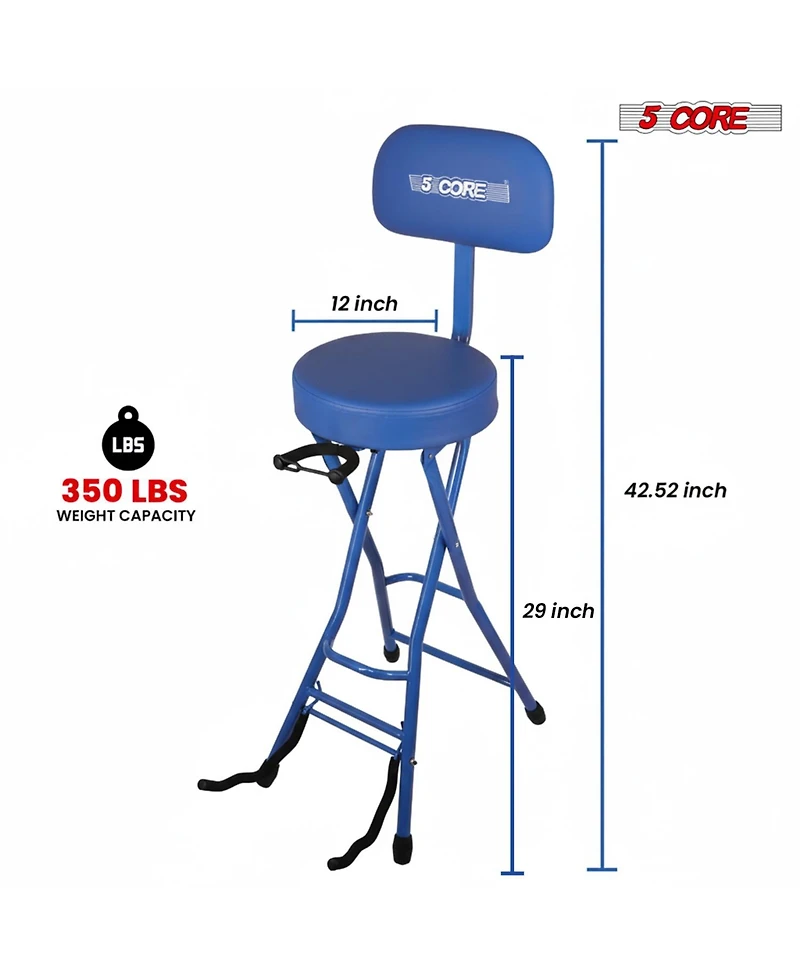 5 Core Guitar Stool 3.15" Padded Chair w Backrest Foldable Music Seat Built in Foot Rest Guitar Stand