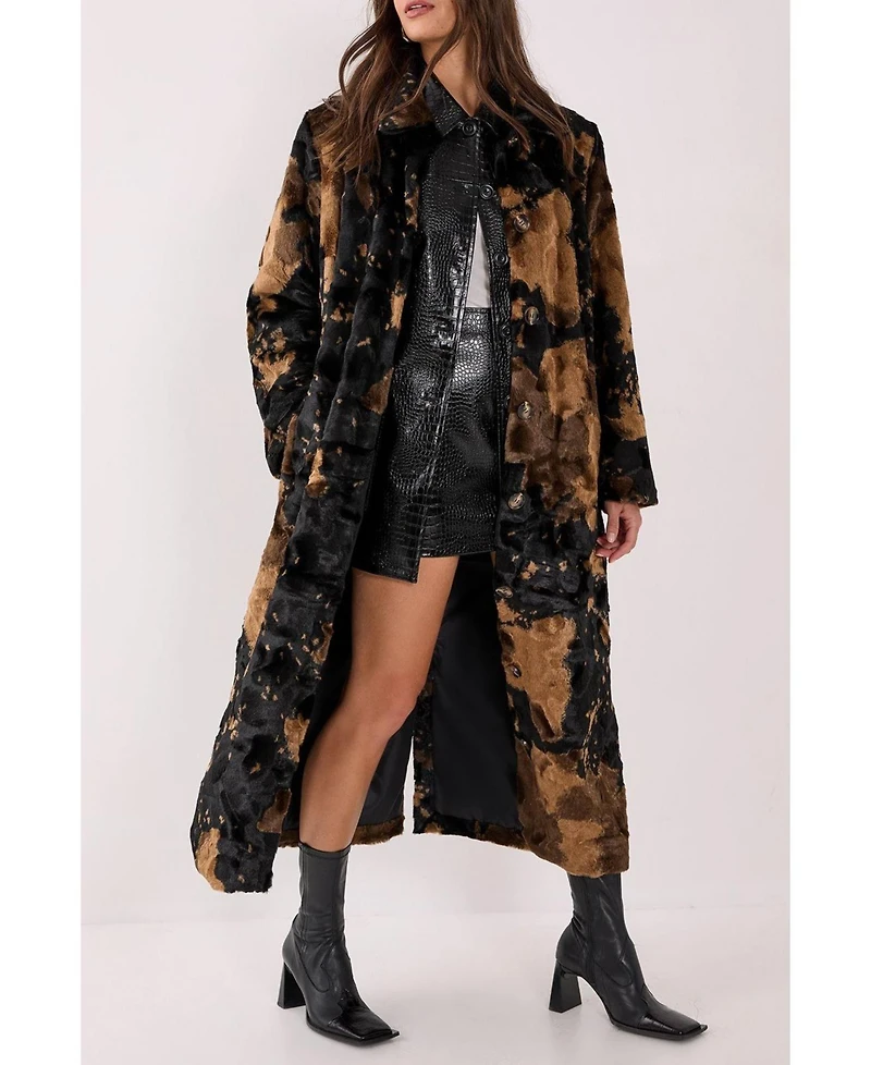 Nasty Gal Women's Cow Print Faux Fur Longline Coat