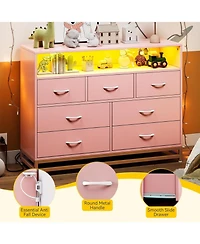 gaomon Pink 7-Drawer Dresser for Bedroom – Modern Long Dresser with Charging Station & Led Lights