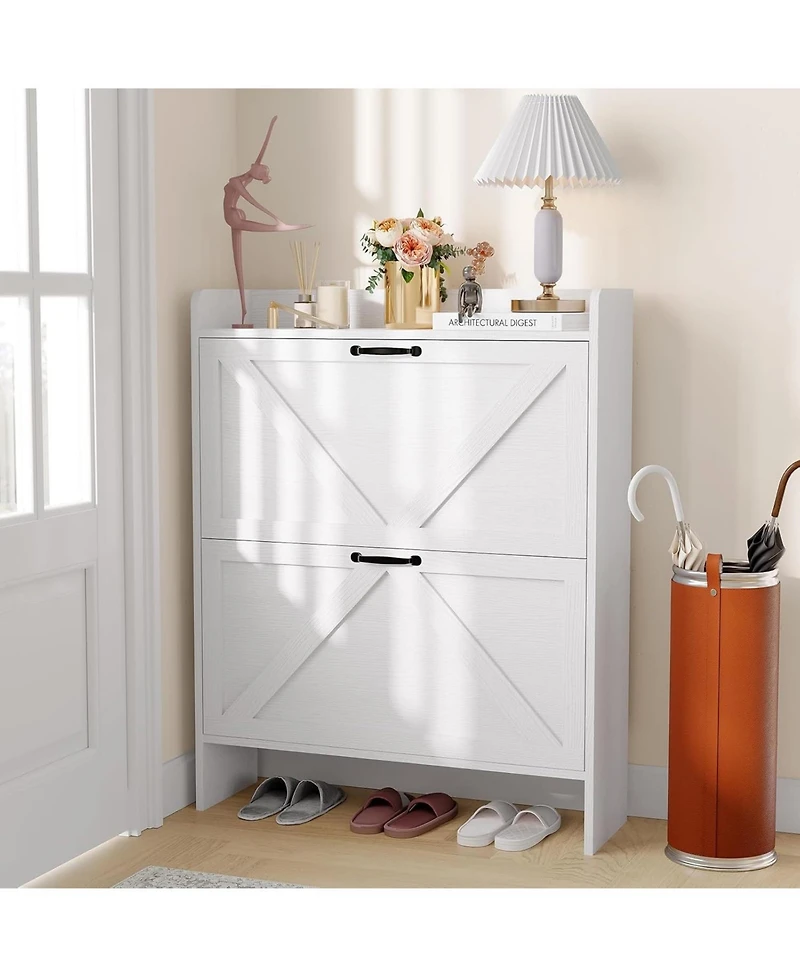 gaomon Shoe Cabinet Organizer with 2 Flip Drawers, Freestanding Narrow Shoe Rack for Entryway, Freestanding Hidden Shoe Storage Cabinet for Entryway