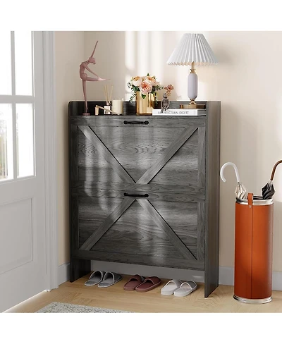 gaomon Shoe Cabinet Organizer with 2 Flip Drawers, Freestanding Narrow Shoe Rack for Entryway, Freestanding Hidden Shoe Storage Cabinet for Entryway