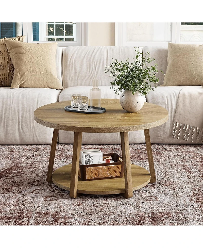 Tribesigns Round Coffee Table with Storage, 2-Tier 31.5" Center Table with Wooden Legs for Living Room & Bedroom