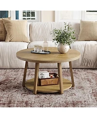 Tribesigns Round Coffee Table with Storage, 2-Tier 31.5" Center Table with Wooden Legs for Living Room & Bedroom