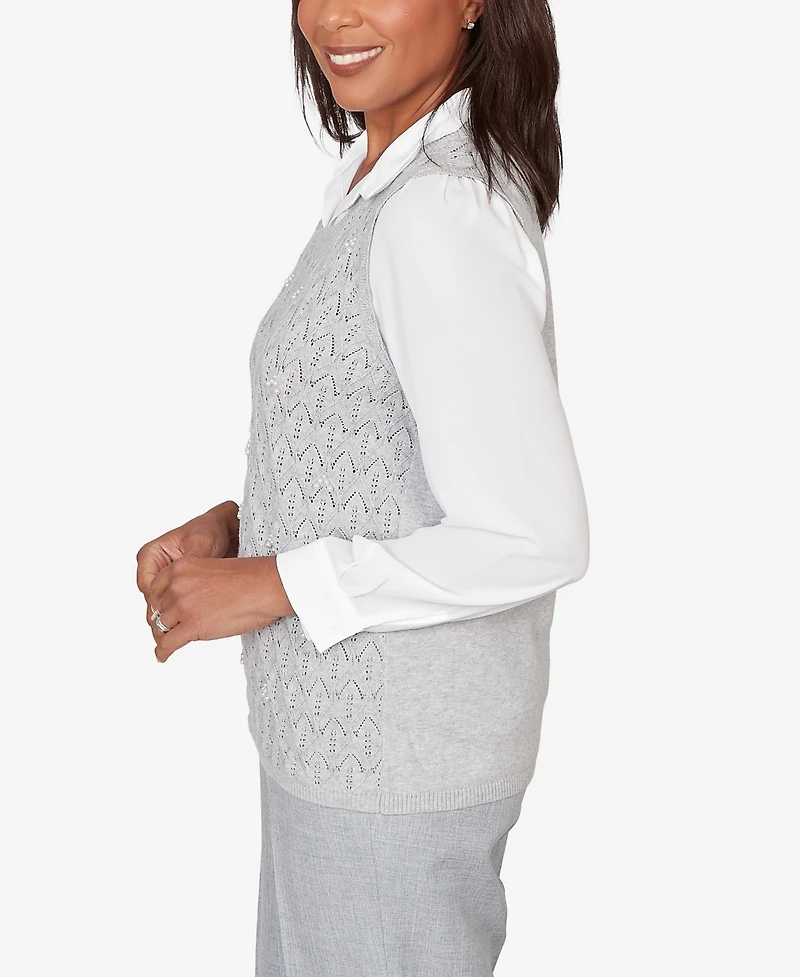 Alfred Dunner Women's Al Fresco Pointelle Mother of Pearl Lace Two One Sweater