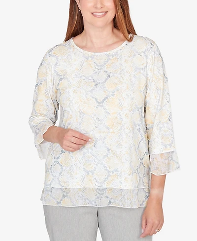 Alfred Dunner Women's Al Fresco Python Printed Knit Flutter Sleeve Top