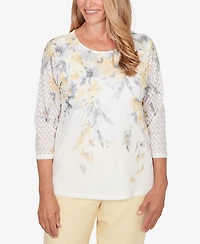 Alfred Dunner Women's Al Fresco Textured Floral Crew Neck Top