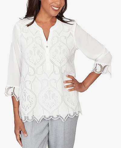 Alfred Dunner Women's Al Fresco Lace Cut Out Front Henley Top