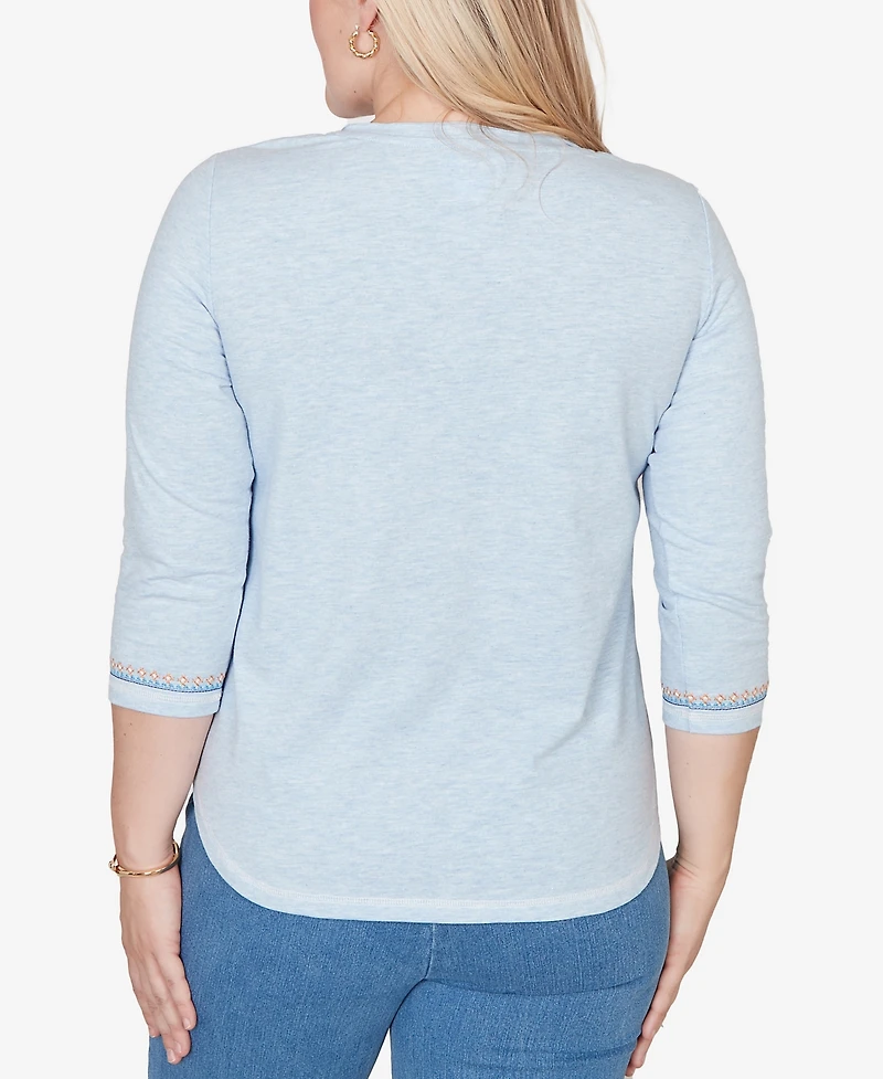 Alfred Dunner Women's Beachcomber Scenic Palm Tree Embroidered Top