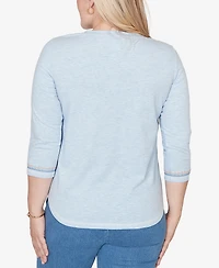 Alfred Dunner Women's Beachcomber Scenic Palm Tree Embroidered Top