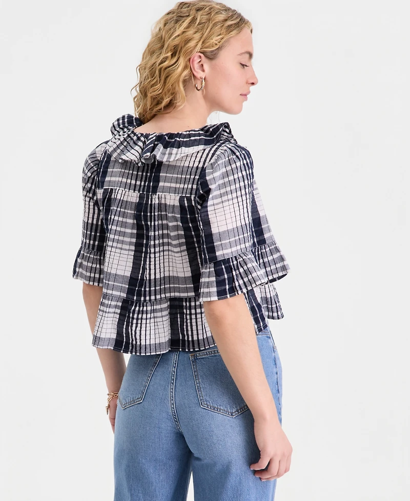 On 34th Women's Short Sleeve Ruffle-Front Cotton Blouse, Macy's Exclusive