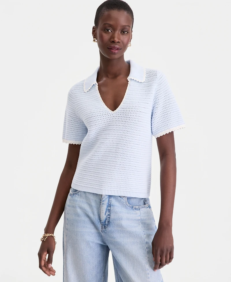 On 34th Women's Collared Short-Sleeve Crochet Sweater, Macy's Exclusive