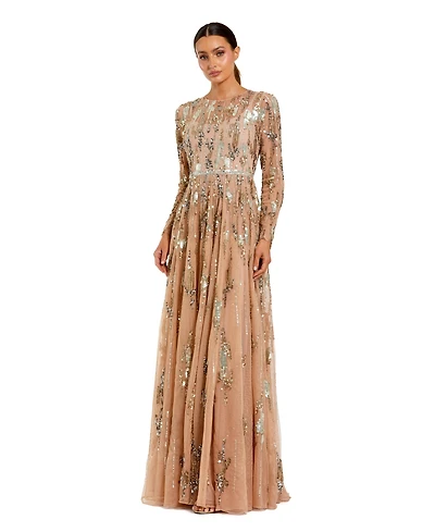 Mac Duggal Women's Long Sleeve Mesh Embellished Evening Gown