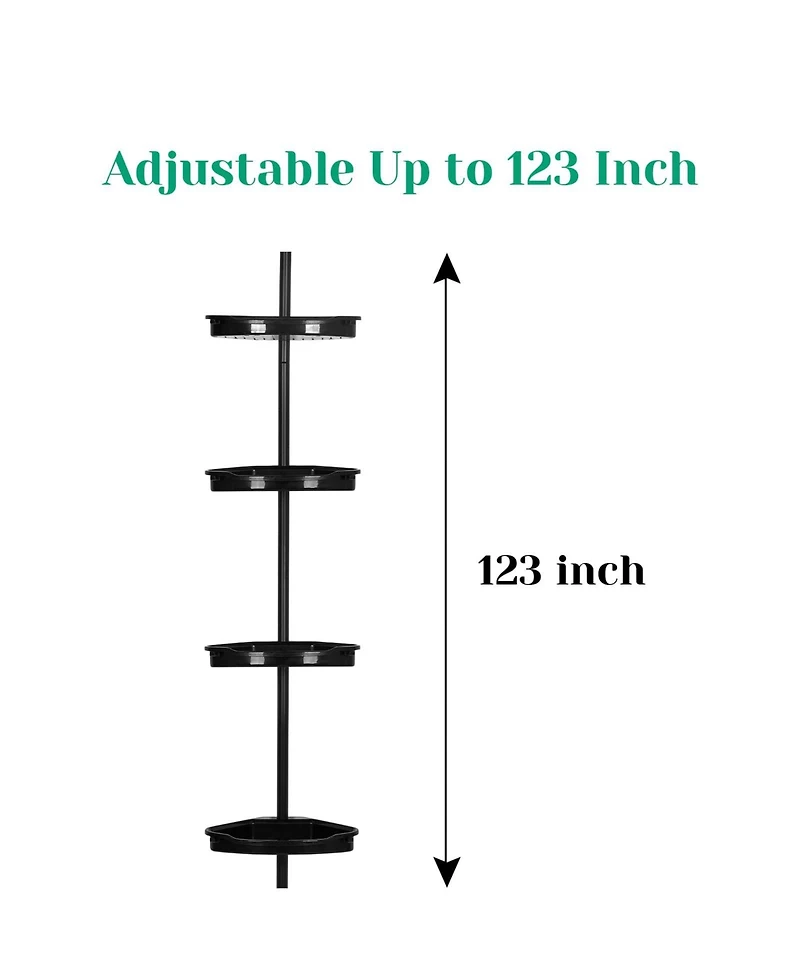 Homfan Corner Shower Caddy Tension Pole, Rust-Resistant Bathroom Storage Organizer with 4-Tier Adjustable Shelves & Rubber Pad, 101.6''- 122'' Height