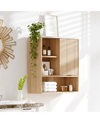 Homfan Fluted Bathroom Wall Cabinet with Faux Marble Top & Adjustable Shelf, Modern Medicine Cabinet with Sliding Door and Open Storage Space