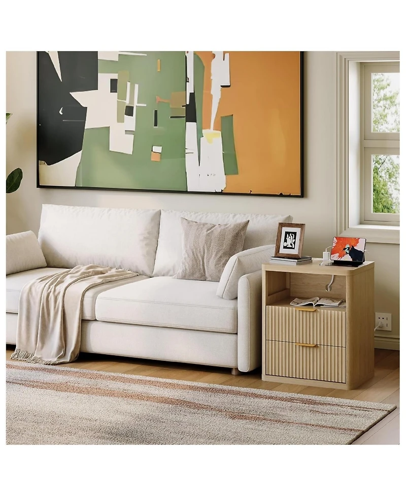 Gaomon 1PC Natural Fluted Nightstand, 2-Drawer Bedside Table with Charging Station & Open Storage