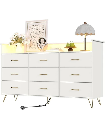 gaomon 9-Drawer Tall Dresser with App-Controlled Rgb Lights & Charging Station, Modern Wooden Chest 3 Outlets/2 Usb