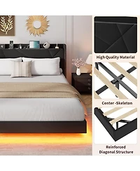 gaomon Floating Bed Frame with Rgb Led Lights and Charging Station, Upholstered Platform Storage Headboard Button Tufted Design, No
