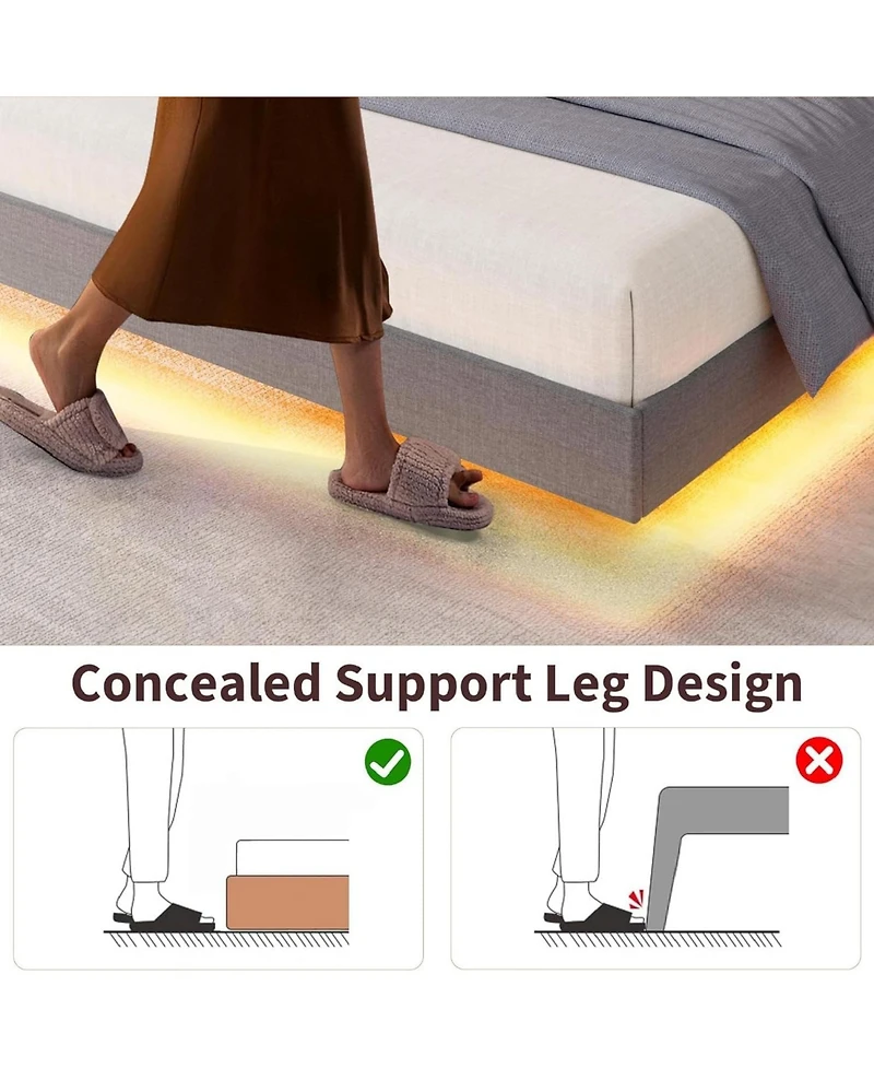gaomon Floating Bed Frame with Rgb Led Lights and Charging Station, Upholstered Platform Storage Headboard Button Tufted Design, No