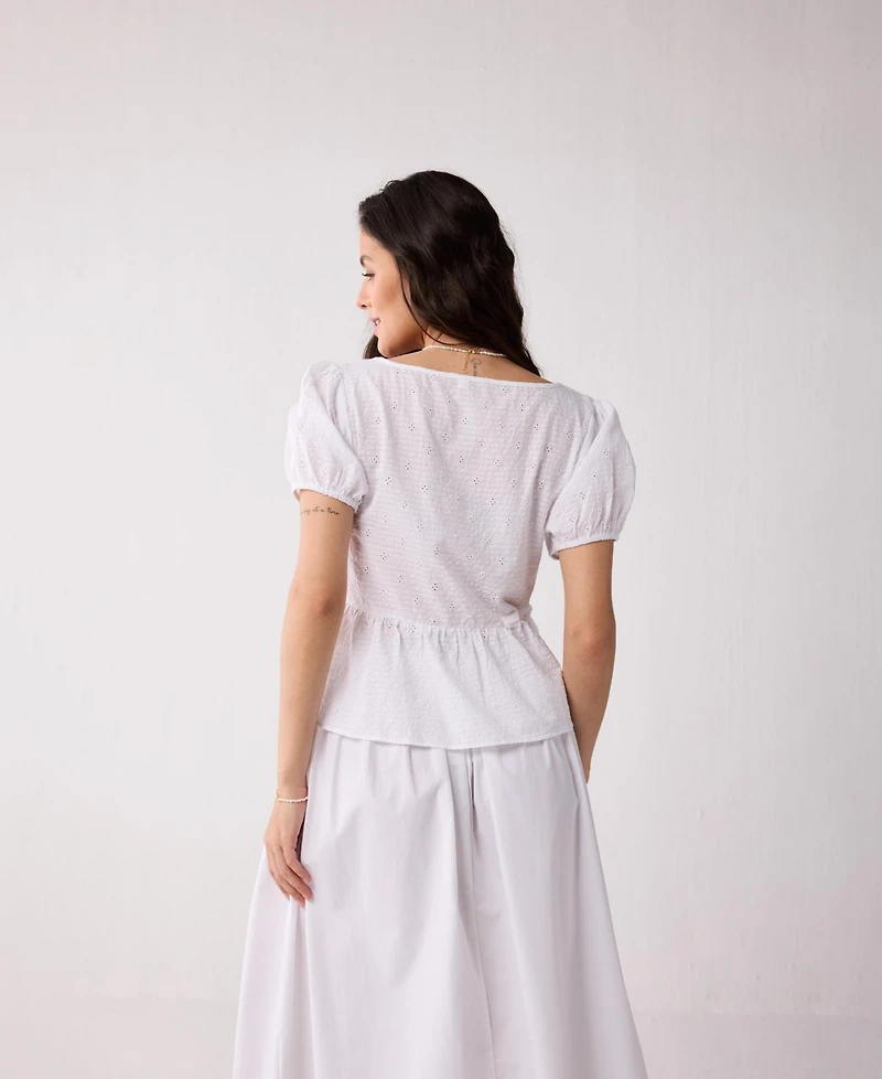 Reistor Women's Embroidered Peplum Top with Puff Sleeves