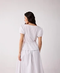 Reistor Women's Embroidered Peplum Top with Puff Sleeves