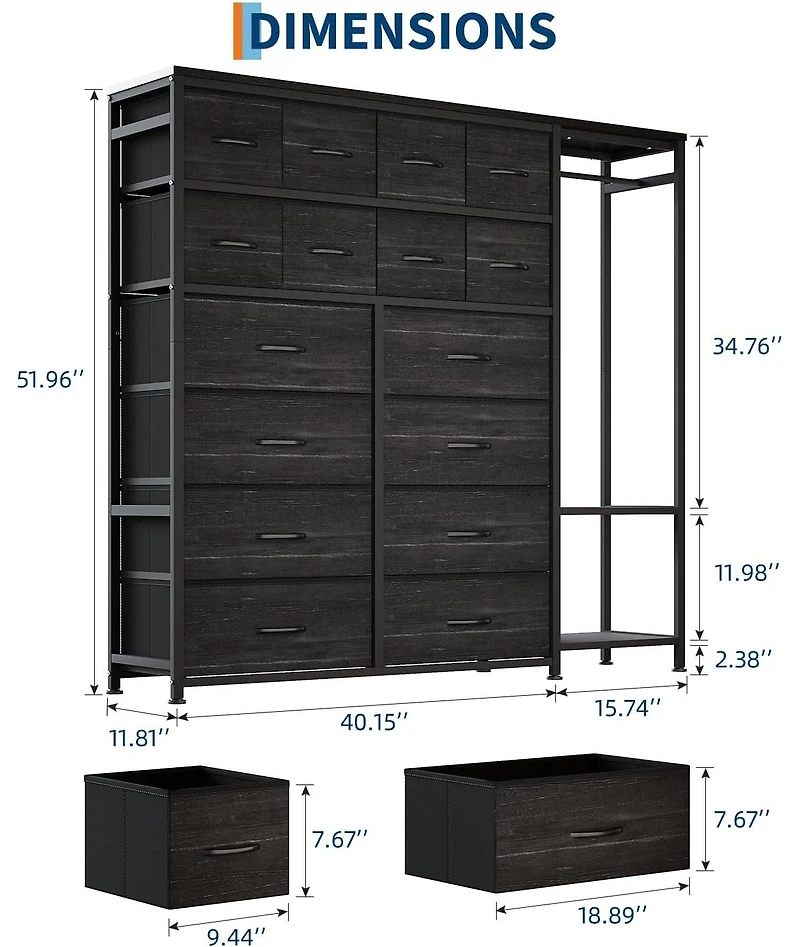 gaomon 16 Drawer Dresser with Clothes Rack, Tall Fabric Storage Organizer for Bedroom Closet, Living Room