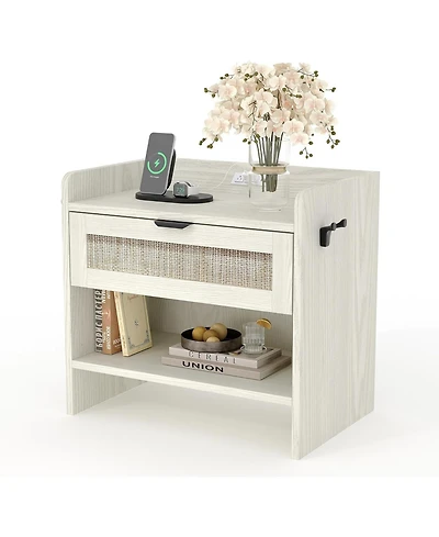 gaomon Boho Rattan Bedside Table with Type-c Charging Station, Nightstand with 1 Storage Drawer & Open Shelf