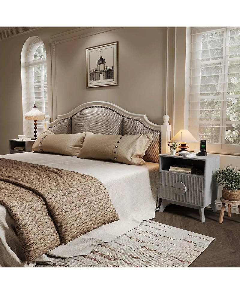 gaomon Fluted Night Stand Set of Wood Tall Nightstands with Charging Station, End Table with 2 Drawers, Oak