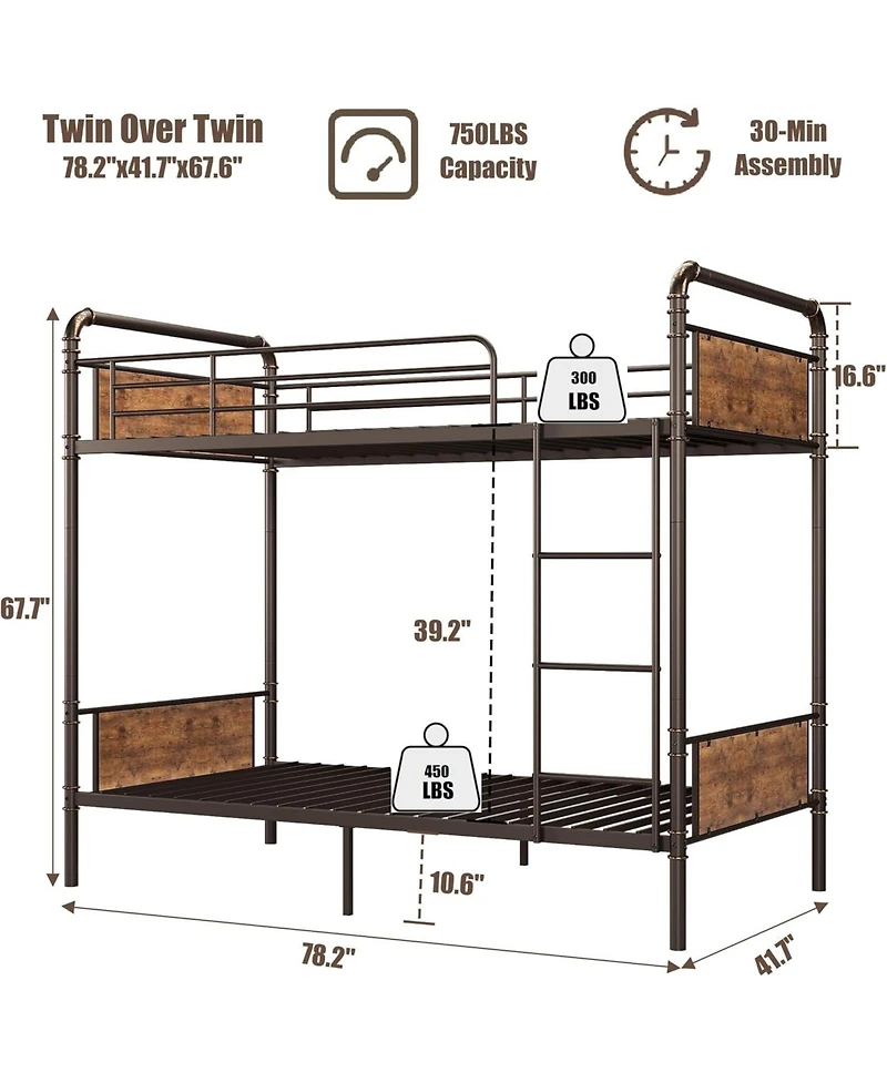 gaomon Bunk Bed Twin Over Twin with Ladder and High Guardrail, Twin Size Convertible Metal Bunk Beds, Easy Assembly, No Box Spring