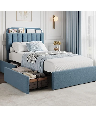 gaomon Twin Bed Frame with Storage Headboard, Kids 2 Drawers, Boucle Upholstered Platform Bookcase, No Box Spring Needed, Easy