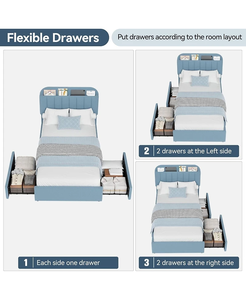 gaomon Twin Bed Frame with Storage Headboard, Kids 2 Drawers, Boucle Upholstered Platform Bookcase, No Box Spring Needed, Easy