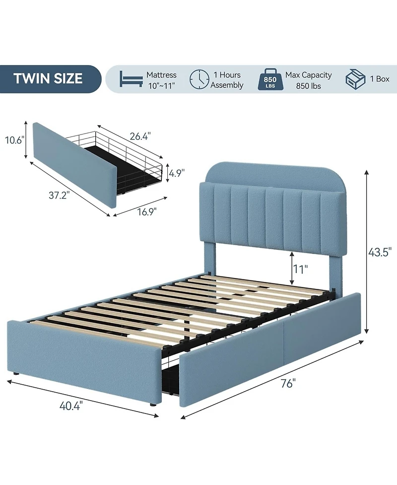 gaomon Twin Bed Frame with Storage Headboard, Kids 2 Drawers, Boucle Upholstered Platform Bookcase, No Box Spring Needed, Easy