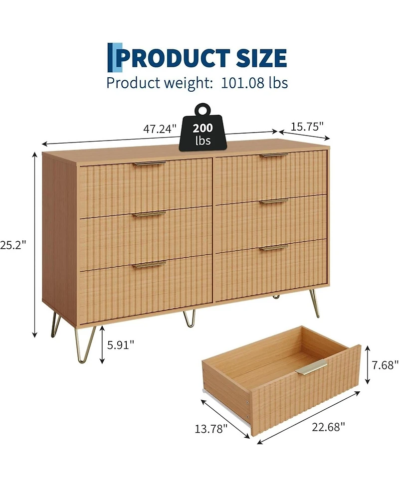 gaomon Fluted Dresser for Bedroom with 6 Drawers,47'' Wide Modern Chest of Wooden Drawers Metal Handle,Wide Clothes Storage Organizer