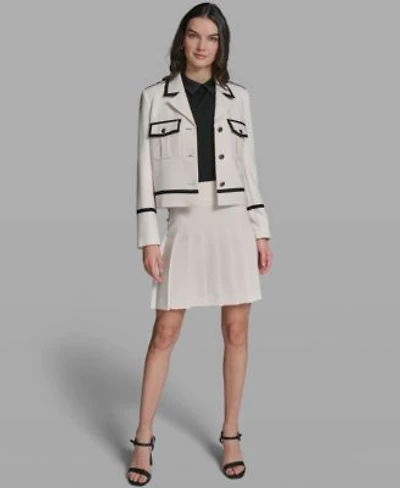 Karl Lagerfeld Paris Womens Notch Lapel Cropped Jacket Collared Sweater Woven Knee Length Pleated Skirt