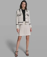 Karl Lagerfeld Paris Womens Notch Lapel Cropped Jacket Collared Sweater Woven Knee Length Pleated Skirt